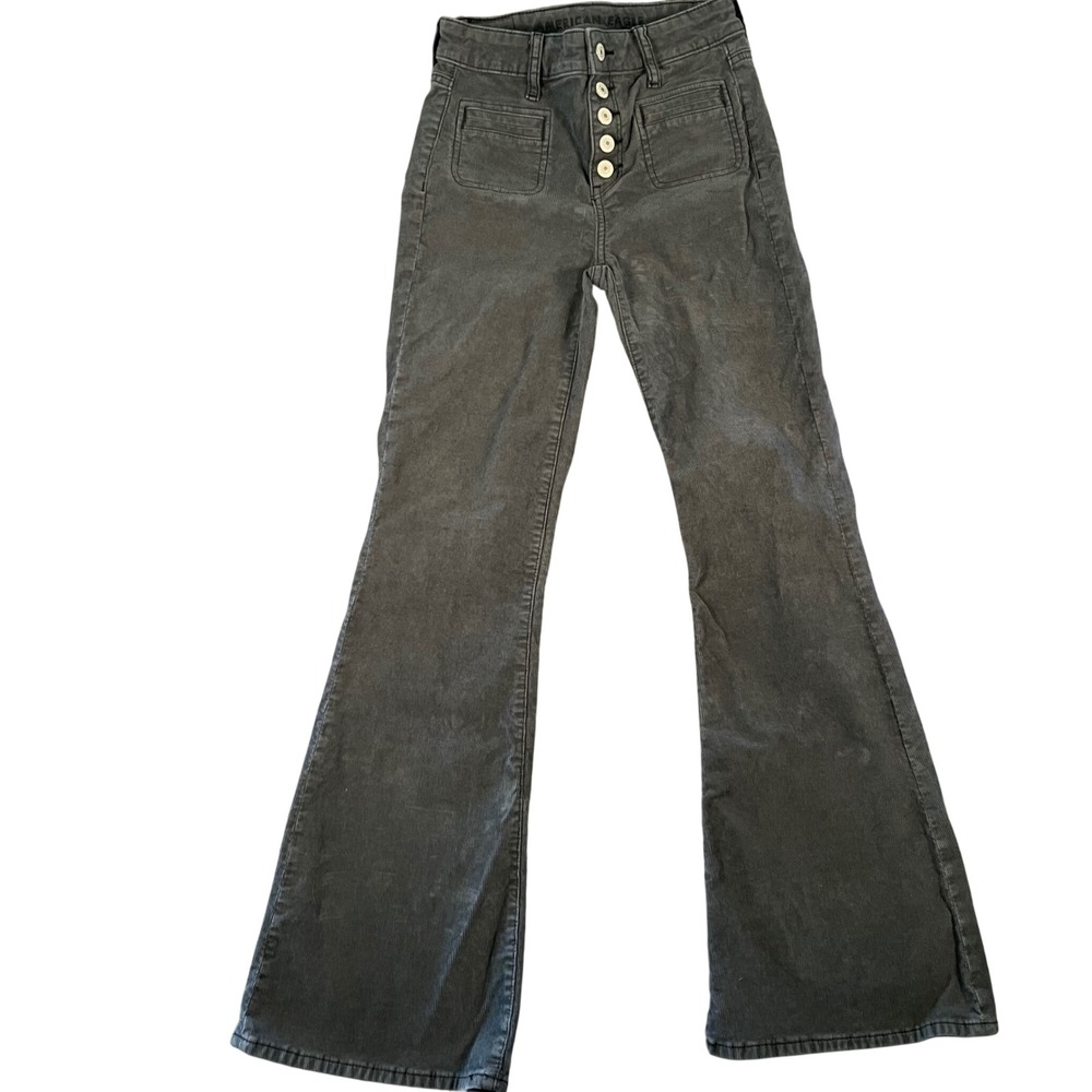 American Eagle Super Hi Rise Flare Size 00‎ Corduroy Pants Gray Button Fly